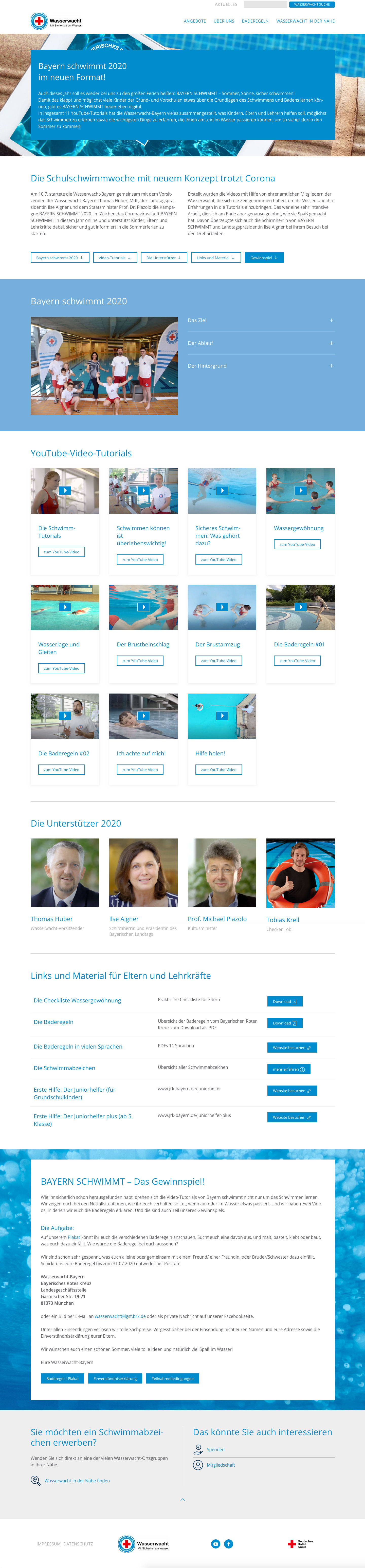 Landingpage "Schulschwimmwochen BAYERN SCHWIMMT 2020" Screenshot