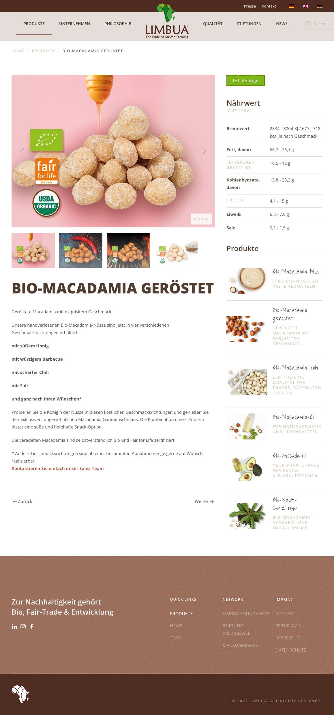 Webdesign Produkt-Einzelseite "Bio-Macadamia geröstet"