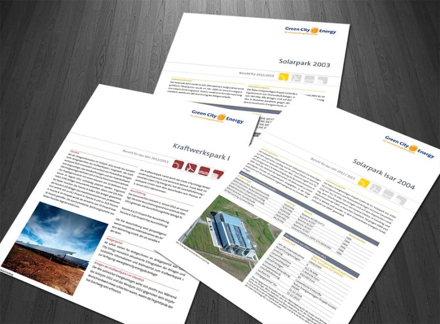 Grafikdesign Fondsdatenblätter für Green City Energy AG