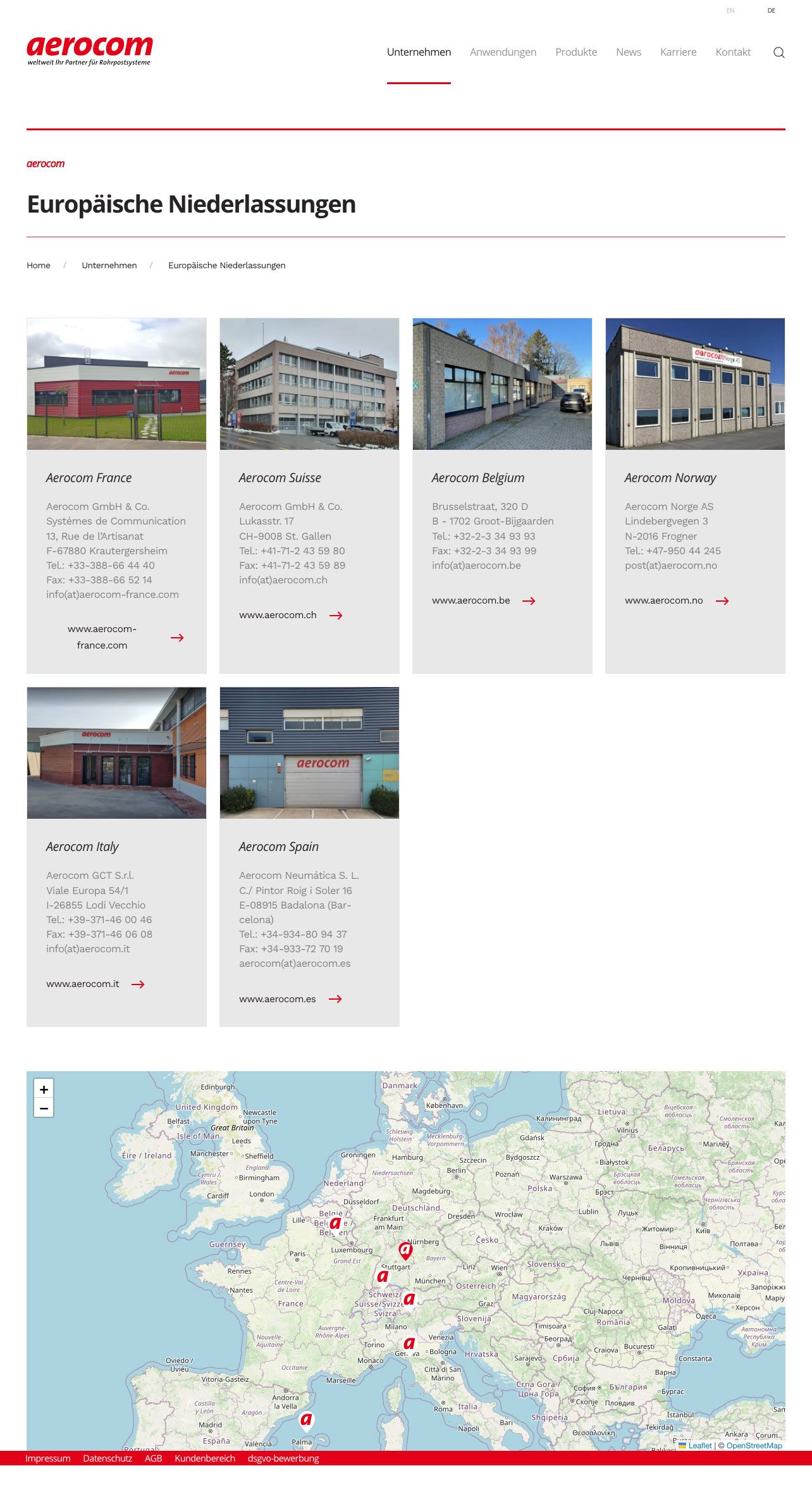 aerocom Niederlassunegn mit Karten Ansicht