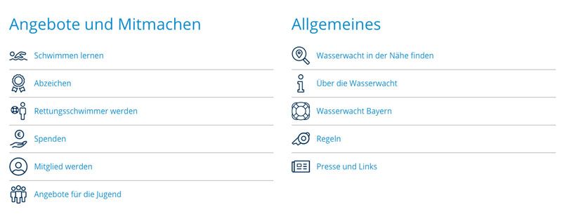 Quicklinks mit Icons basierend auf dem neuen Corporate Design Wasserwacht Bayern Screenshot
